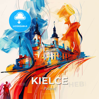 Vibrant Kielce, Poland - A Painting Of A Building With A Couple Of People Standing On Top Of It - Square format print template