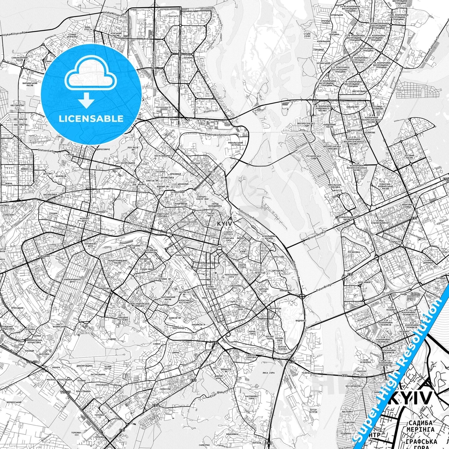 Kiev, Ukraine light map with streetnames, citynames and districts