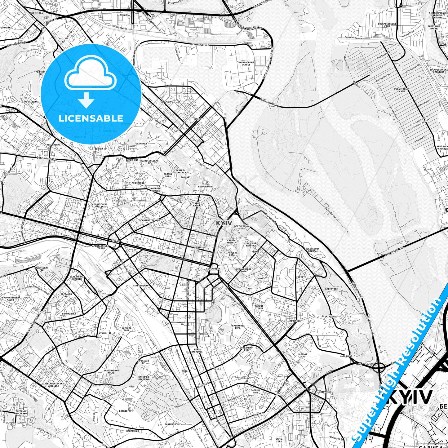 Kiev, Ukraine Light Map with Street Names, City Names, and Districts