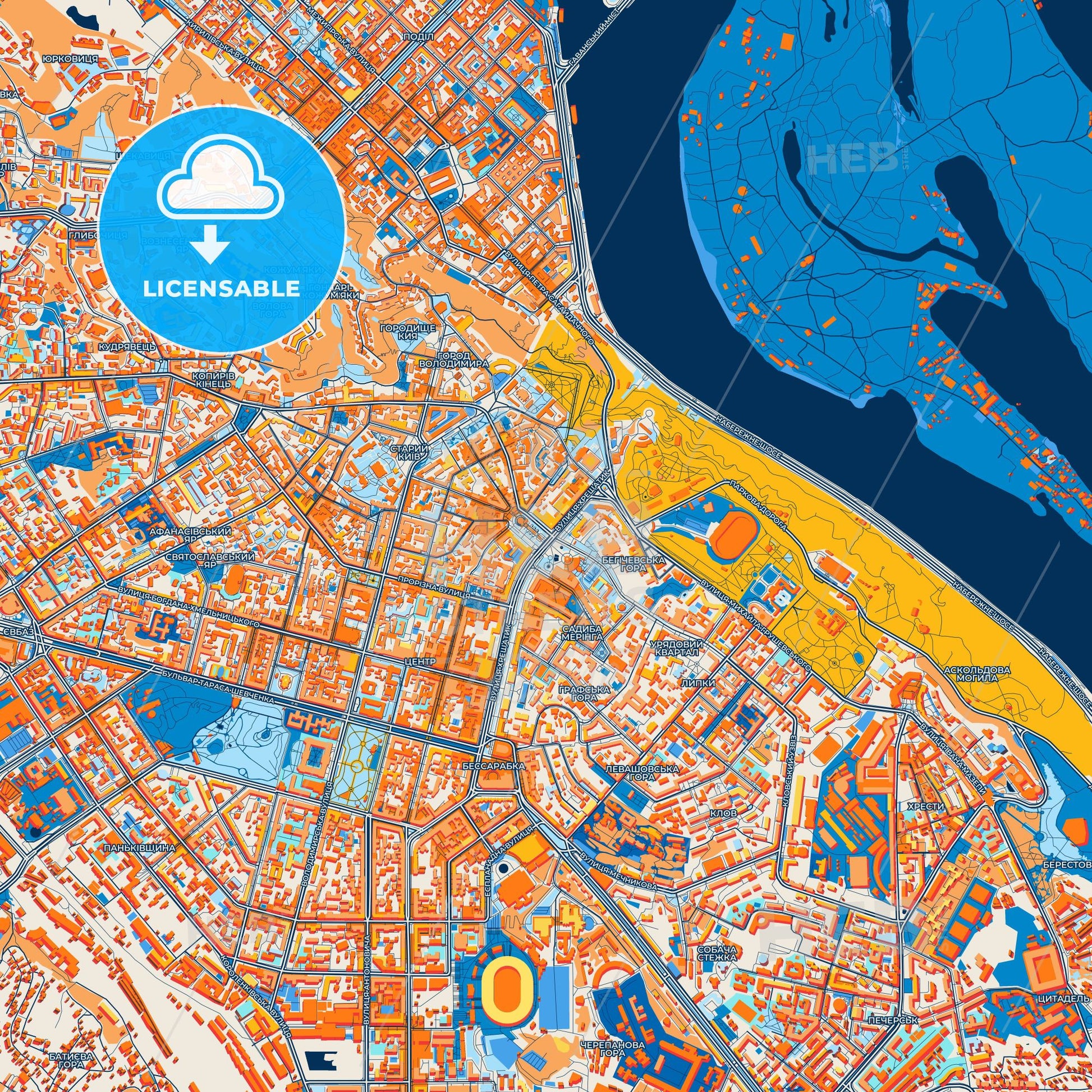 Colorful Kiev Street Map with Labels and Buildings