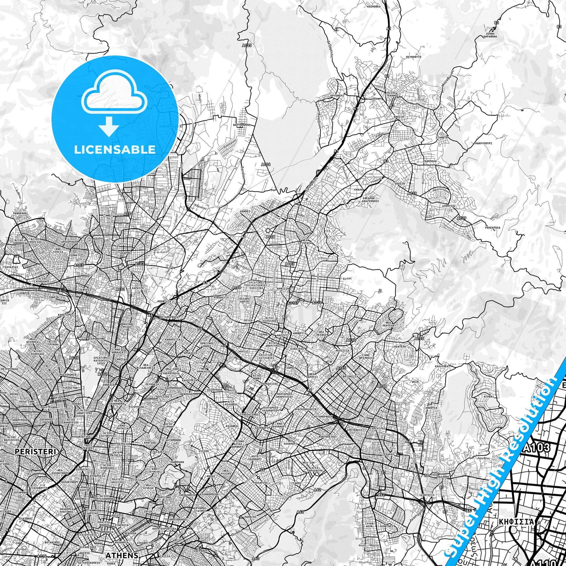 Kifissia, Greece light map with streetnames, citynames and districts