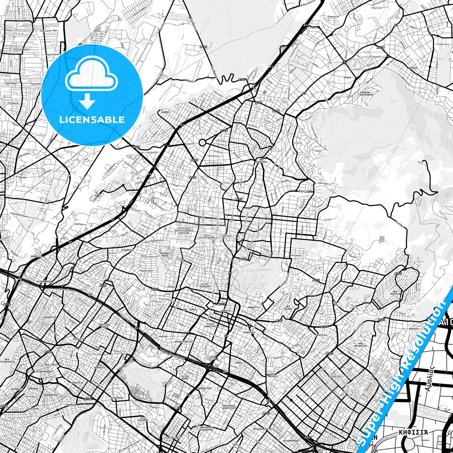 Kifissia, Greece Light Map with Street Names, City Names, and Districts