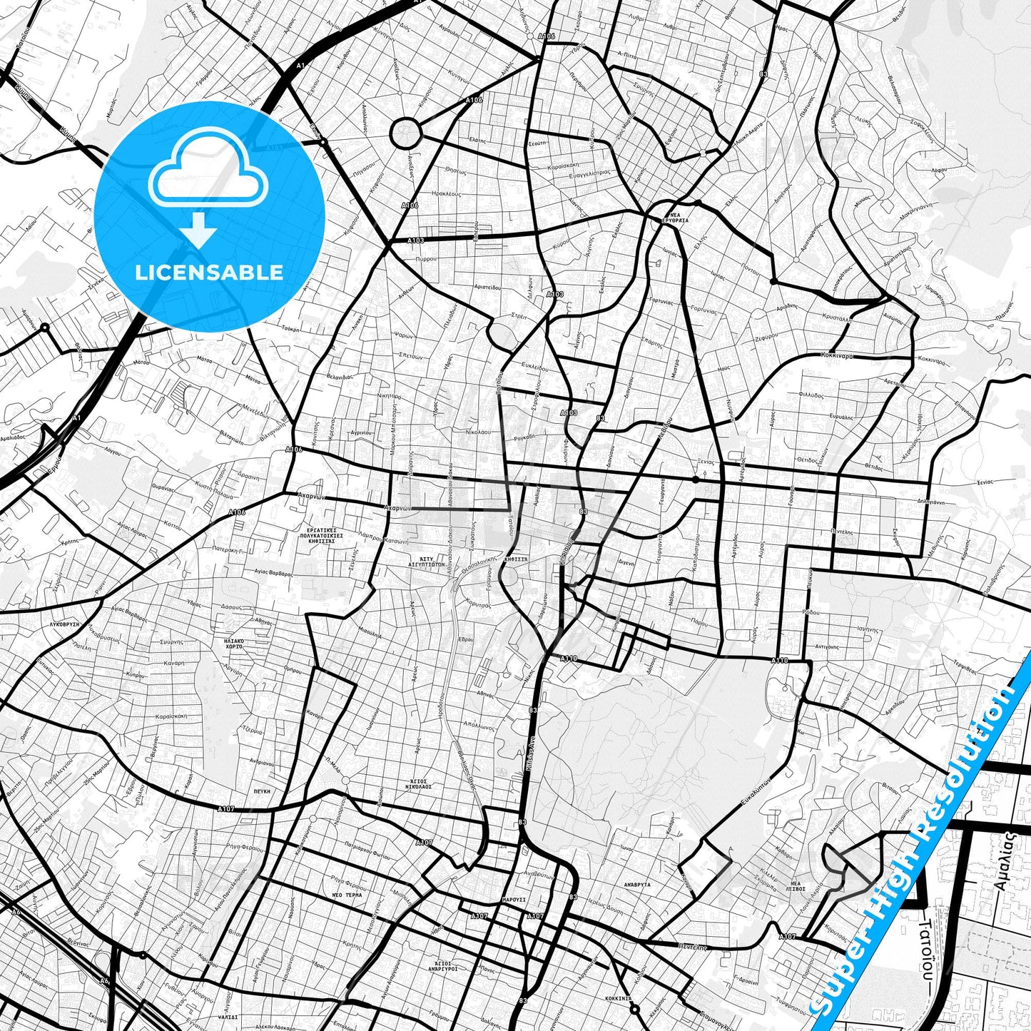Kifissia, Greece Light Map with Street Names, City Names, and Districts