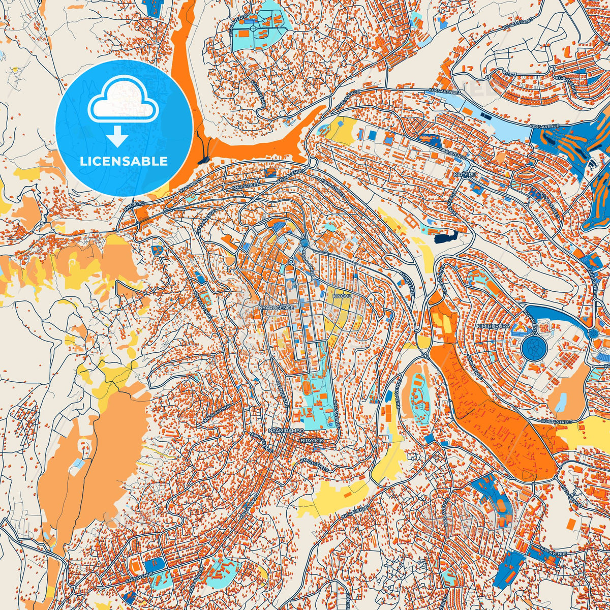 Colorful Kigali Street Map with Labels and Buildings