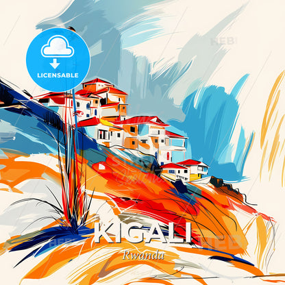 Vibrant Kigali, Rwanda - A Painting Of Houses On A Hill - Square format print template