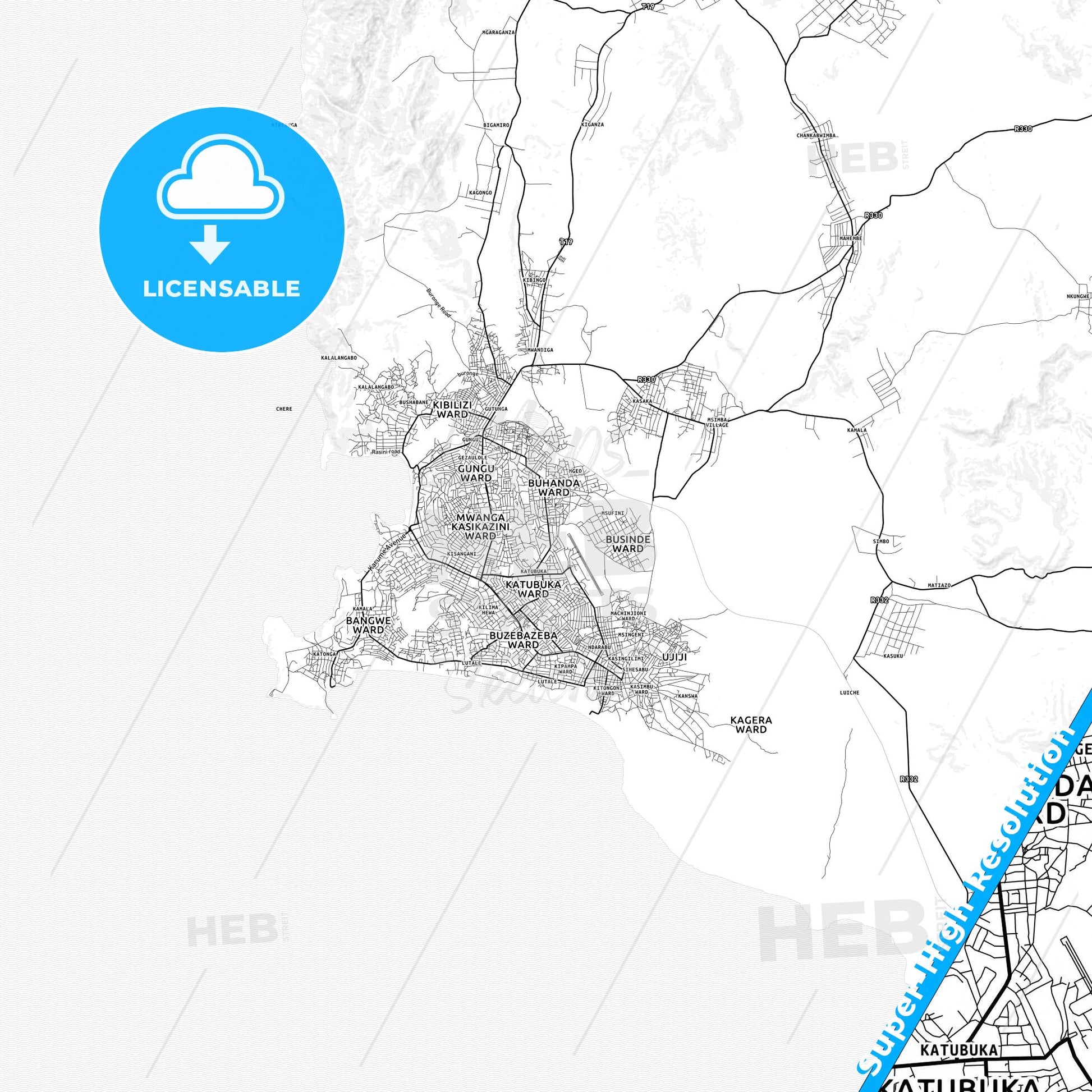 Kigoma, Tanzania light map with streetnames, citynames and districts