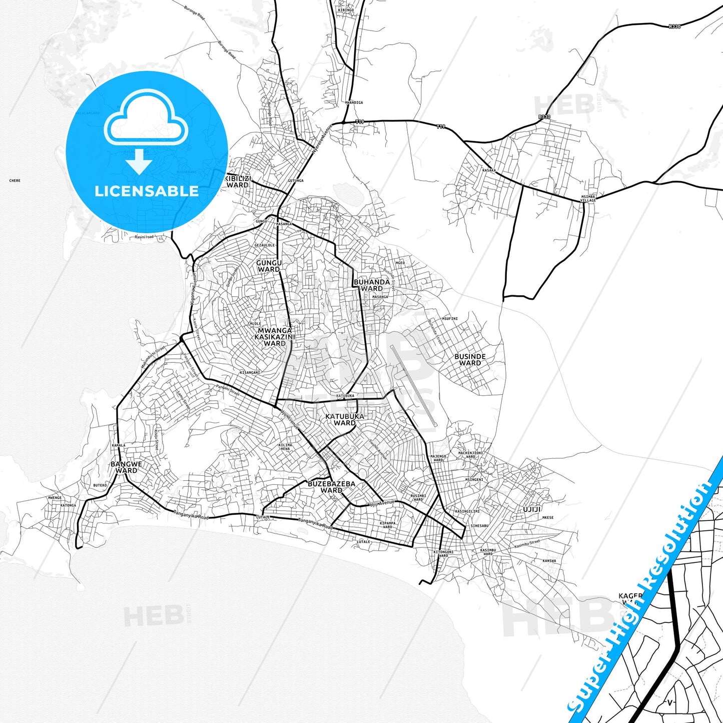 Kigoma, Tanzania Light Map with Street Names, City Names, and Districts