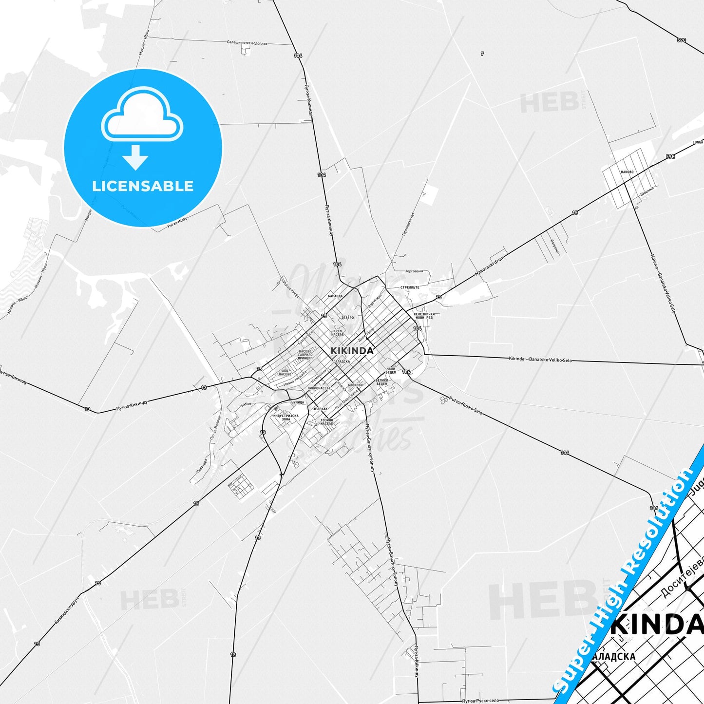 Kikinda, Serbia light map with streetnames, citynames and districts