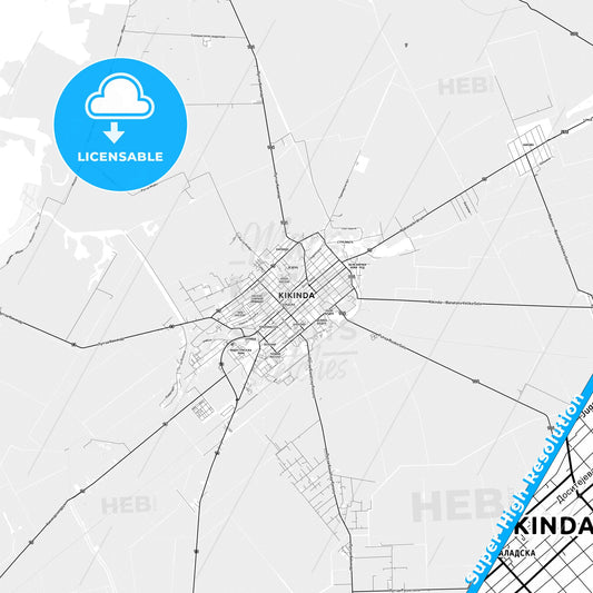 Kikinda, Serbia light map with streetnames, citynames and districts