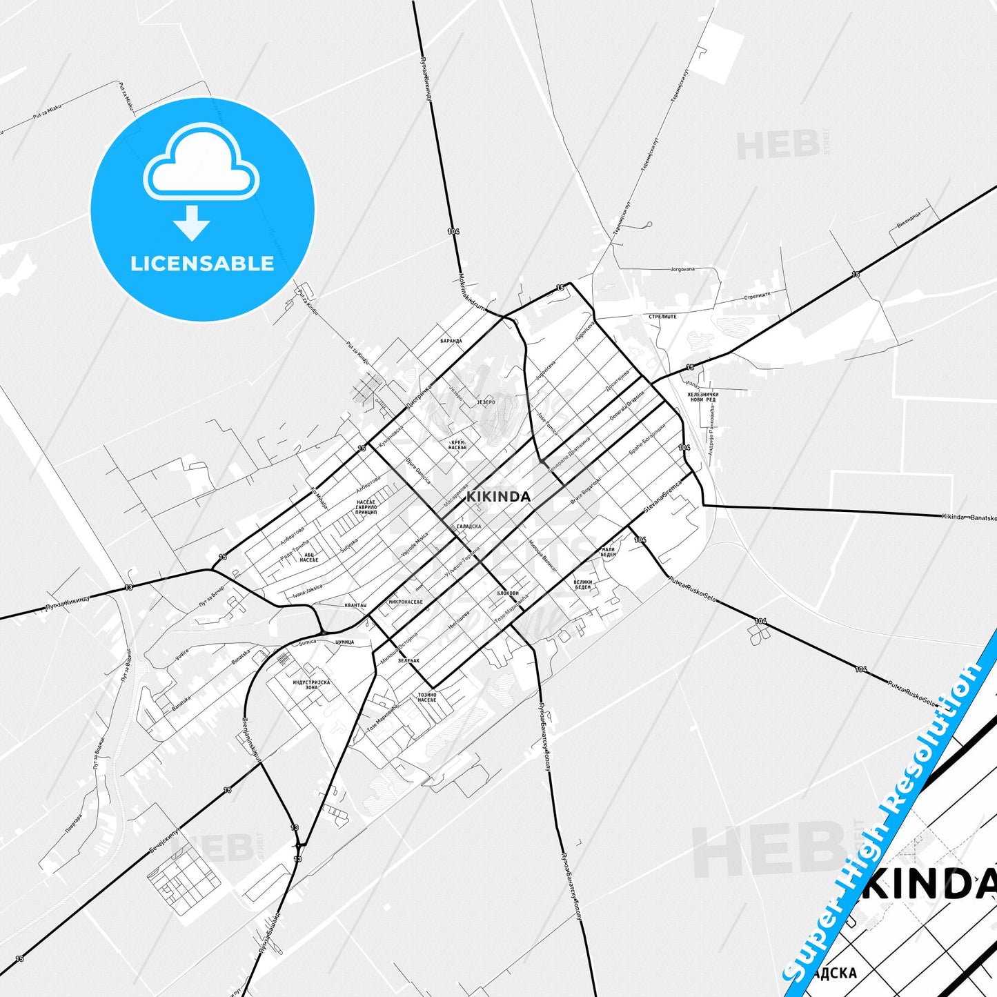 Kikinda, Serbia Light Map with Street Names, City Names, and Districts