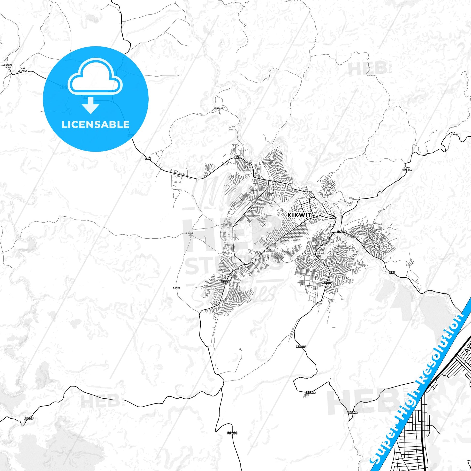 Kikwit, DR Congo light map with streetnames, citynames and districts