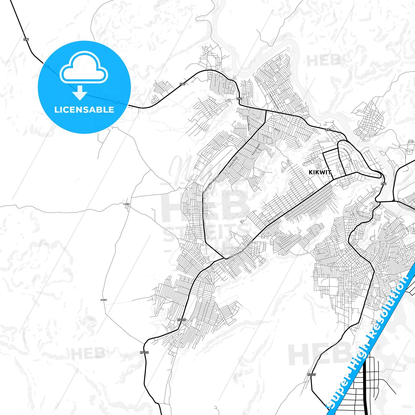Kikwit, DR Congo Light Map with Street Names, City Names, and Districts