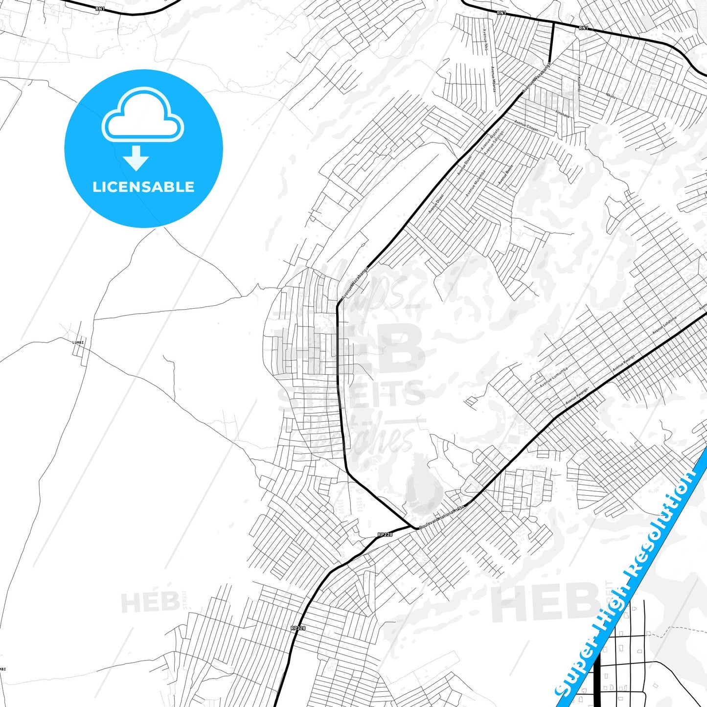 Kikwit, DR Congo Light Map with Street Names, City Names, and Districts