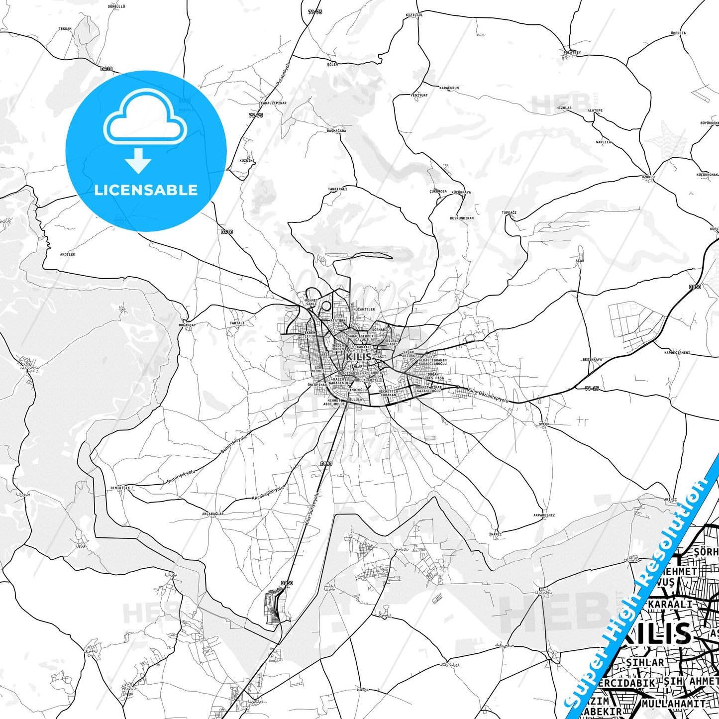 Kilis, Turkey light map with streetnames, citynames and districts