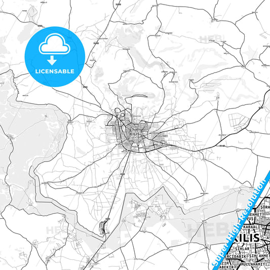 Kilis, Turkey light map with streetnames, citynames and districts