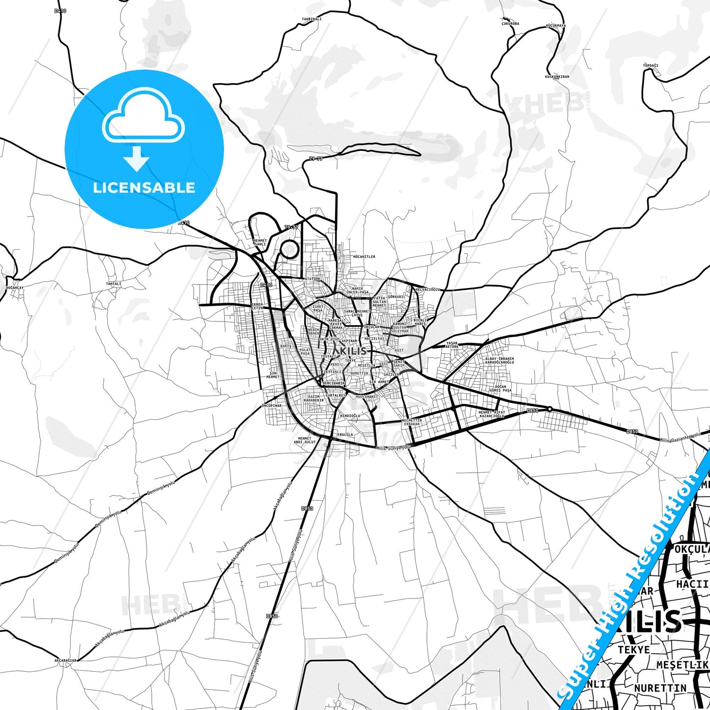 Kilis, Turkey Light Map with Street Names, City Names, and Districts