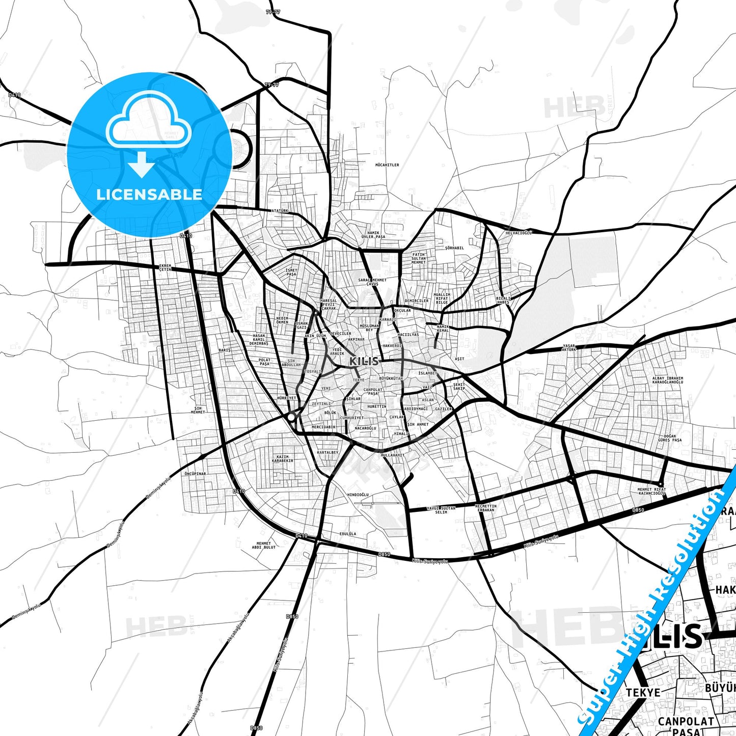 Kilis, Turkey Light Map with Street Names, City Names, and Districts