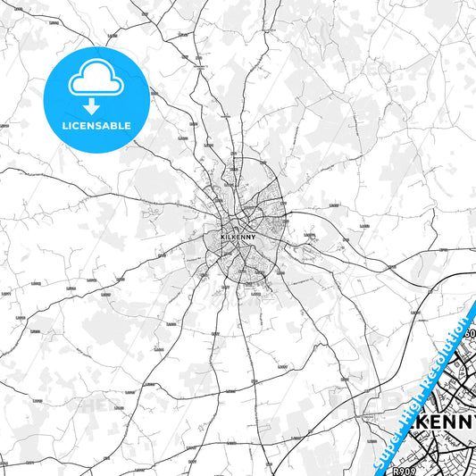 Kilkenny, Ireland light map with streetnames, citynames and districts