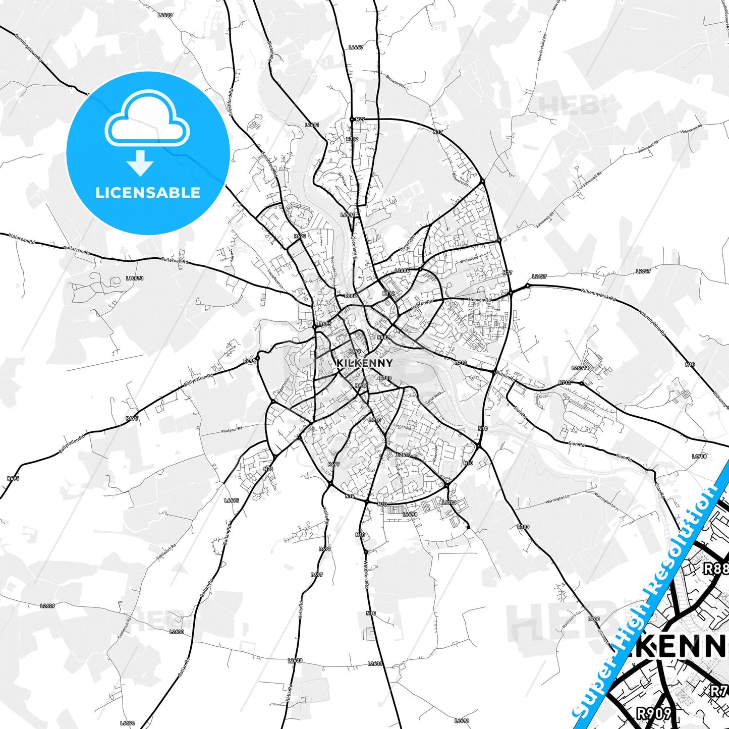 Kilkenny, Ireland Light Map with Street Names, City Names, and Districts