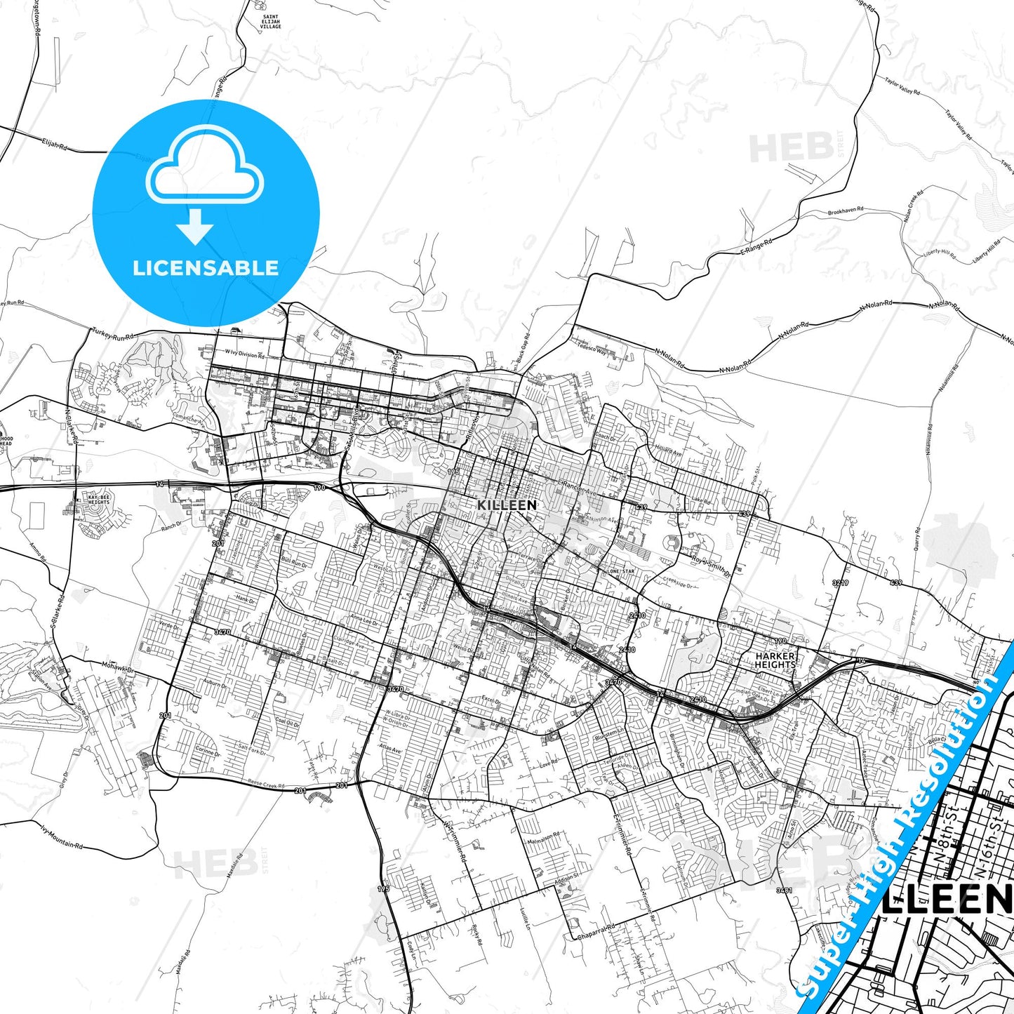 Killeen, Texas light map with streetnames, citynames and districts