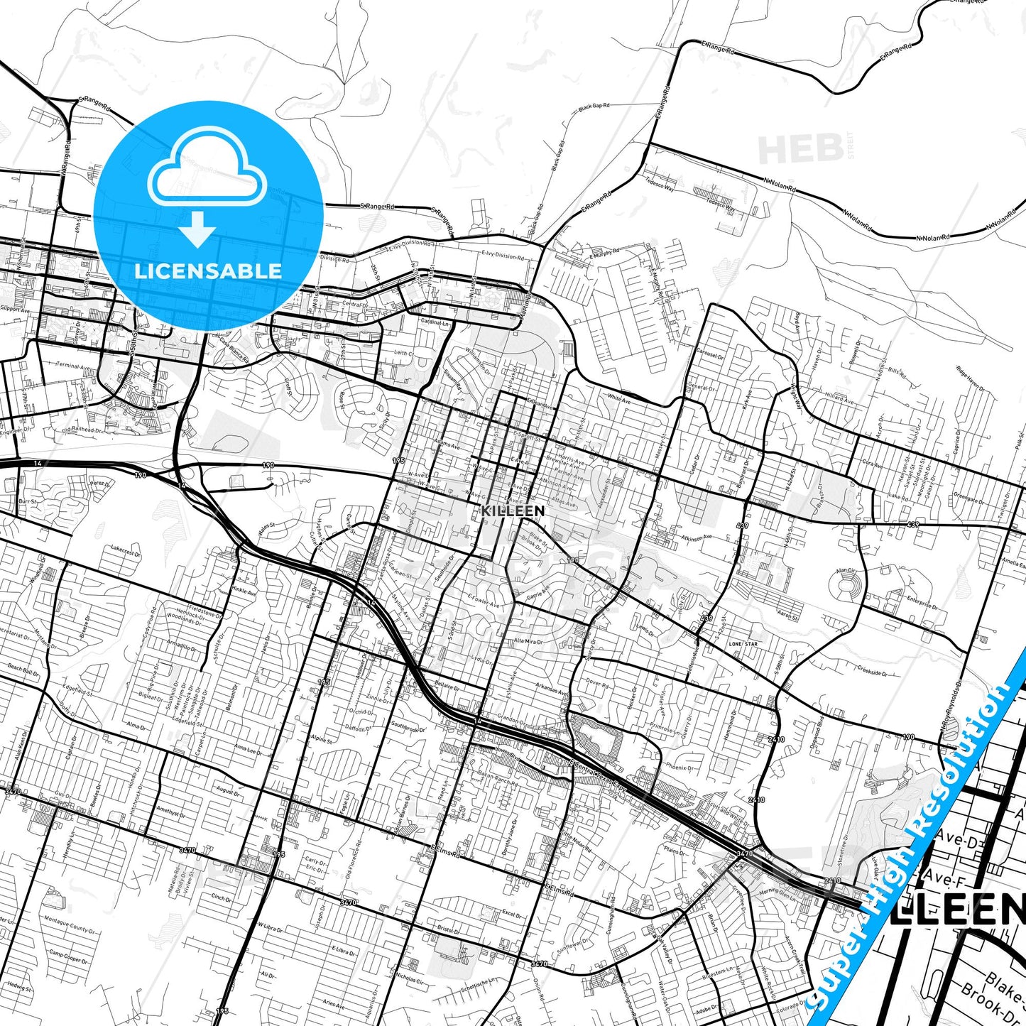 Killeen, Texas Light Map with Street Names, City Names, and Districts
