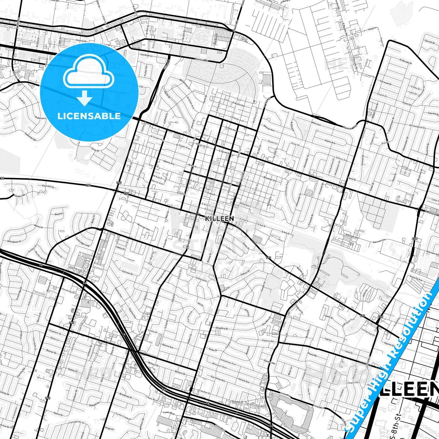 Killeen, Texas Light Map with Street Names, City Names, and Districts