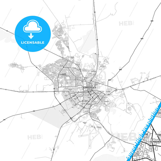 Kimberley, South Africa light map with streetnames, citynames and districts