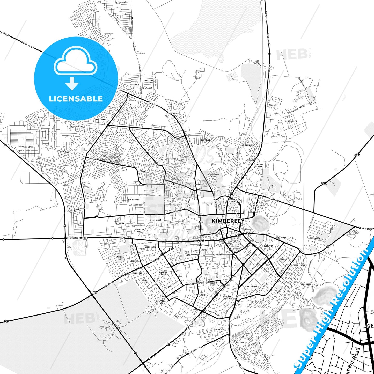 Kimberley, South Africa Light Map with Street Names, City Names, and Districts