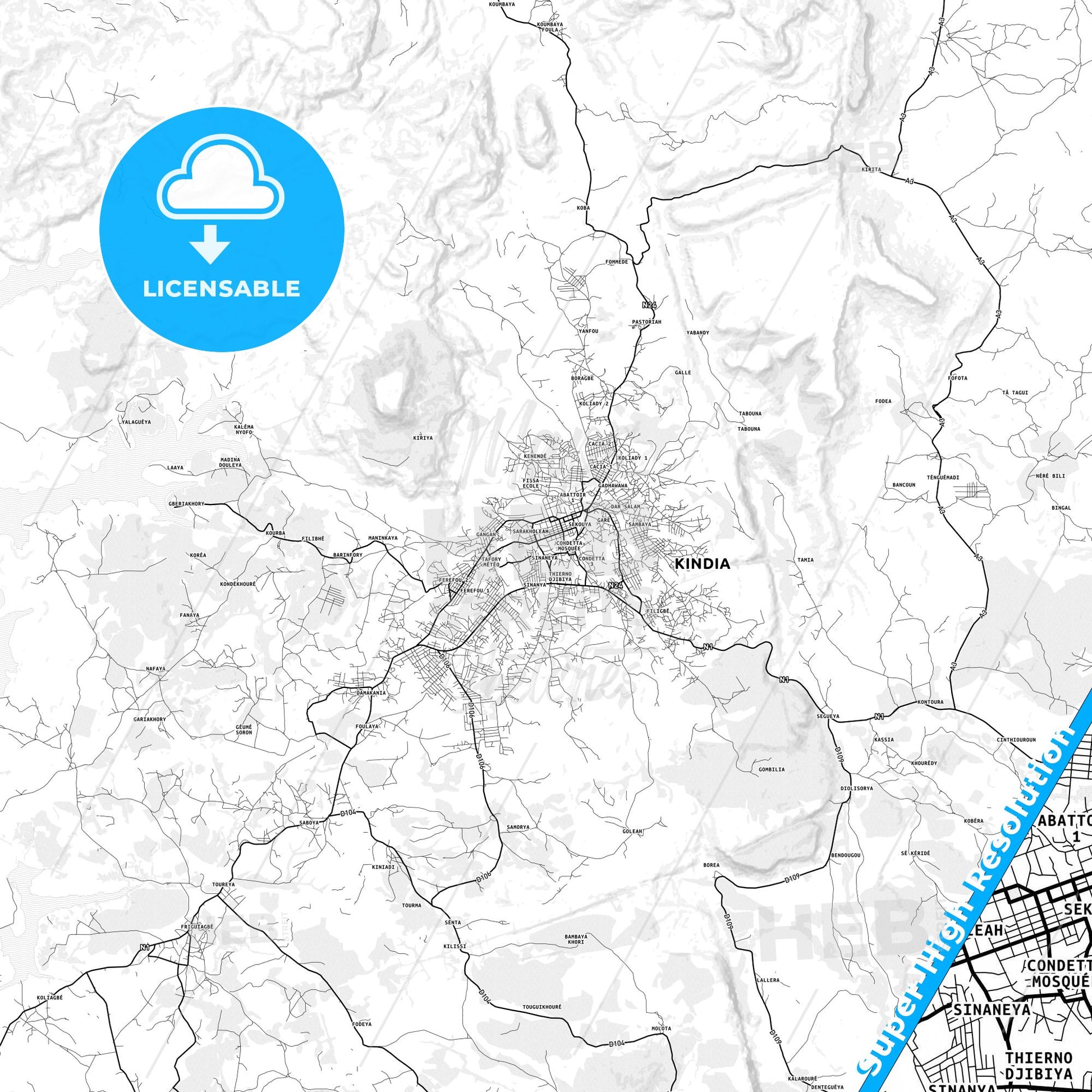 Kindia, Guinea light map with streetnames, citynames and districts