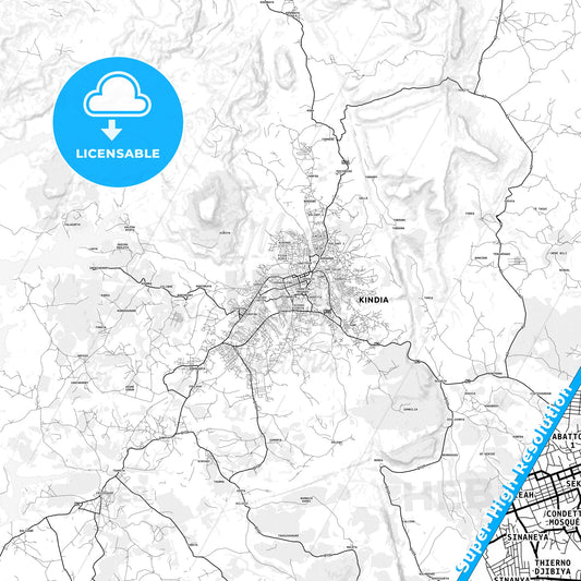 Kindia, Guinea light map with streetnames, citynames and districts