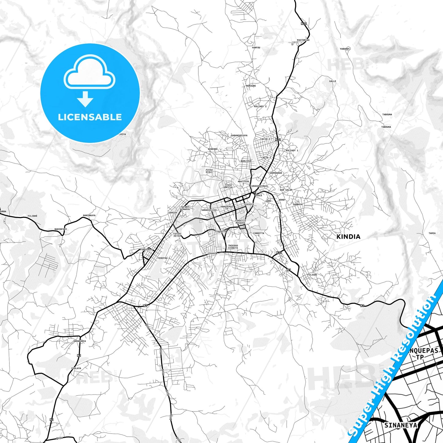 Kindia, Guinea Light Map with Street Names, City Names, and Districts