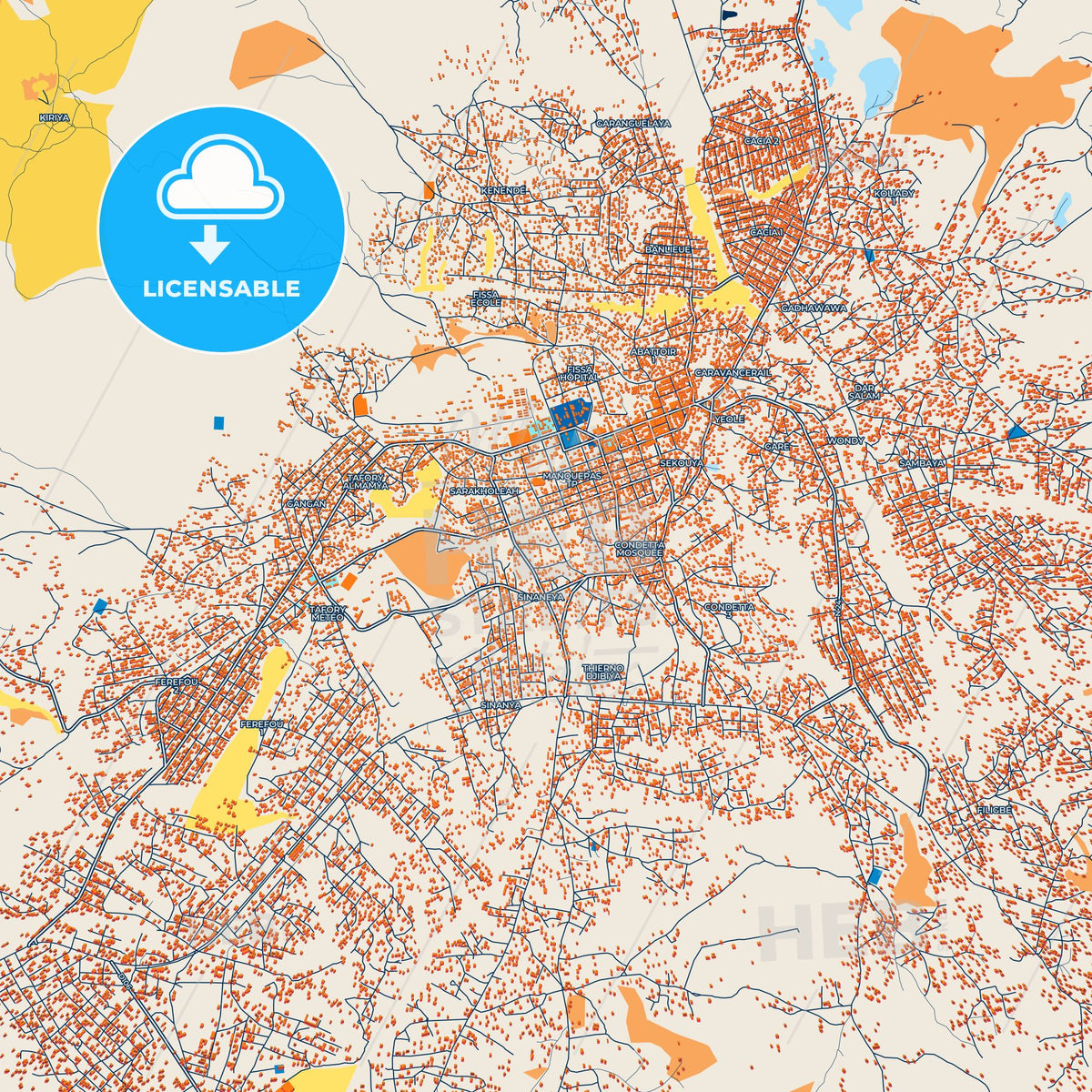 Colorful Kindia Street Map with Labels and Buildings