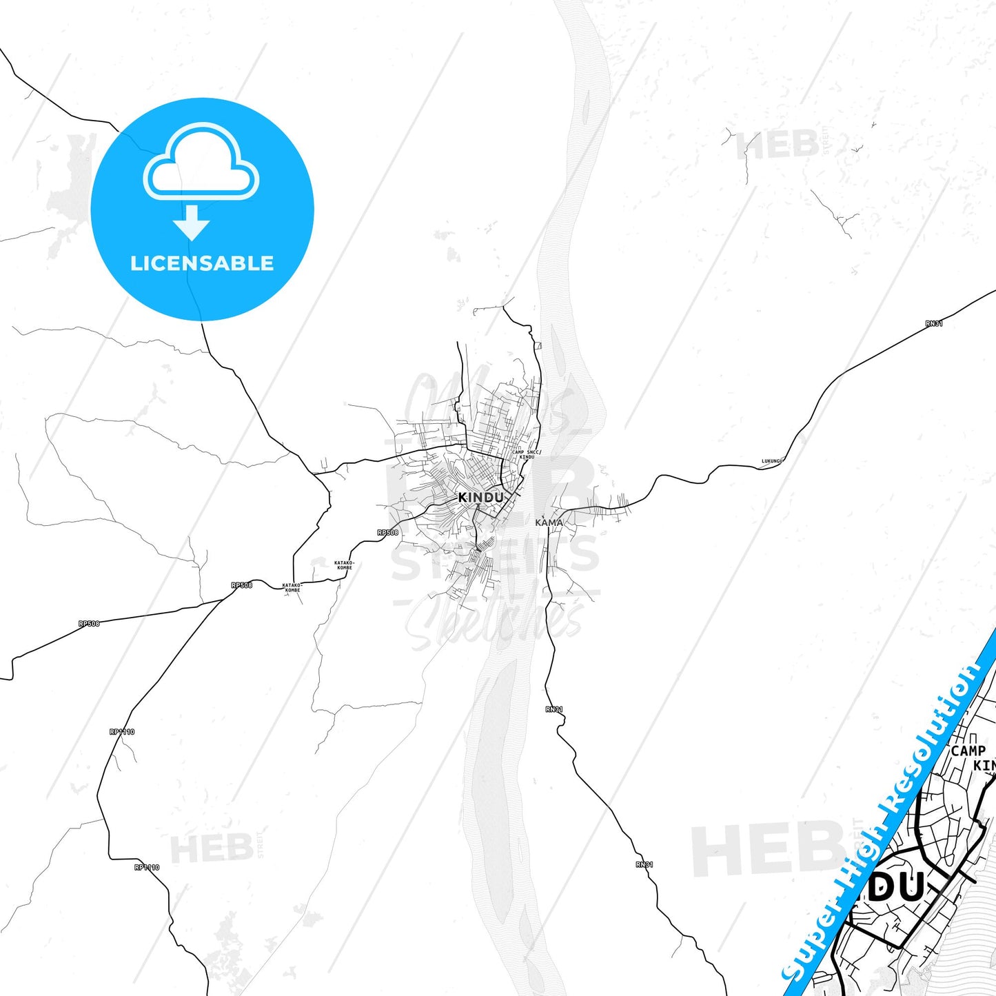 Kindu, DR Congo light map with streetnames, citynames and districts