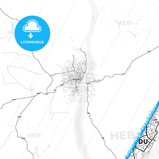 Kindu, DR Congo light map with streetnames, citynames and districts