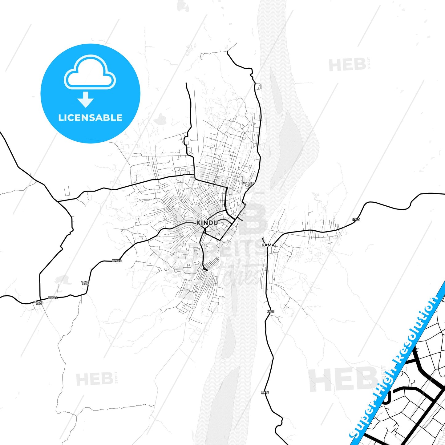 Kindu, DR Congo Light Map with Street Names, City Names, and Districts