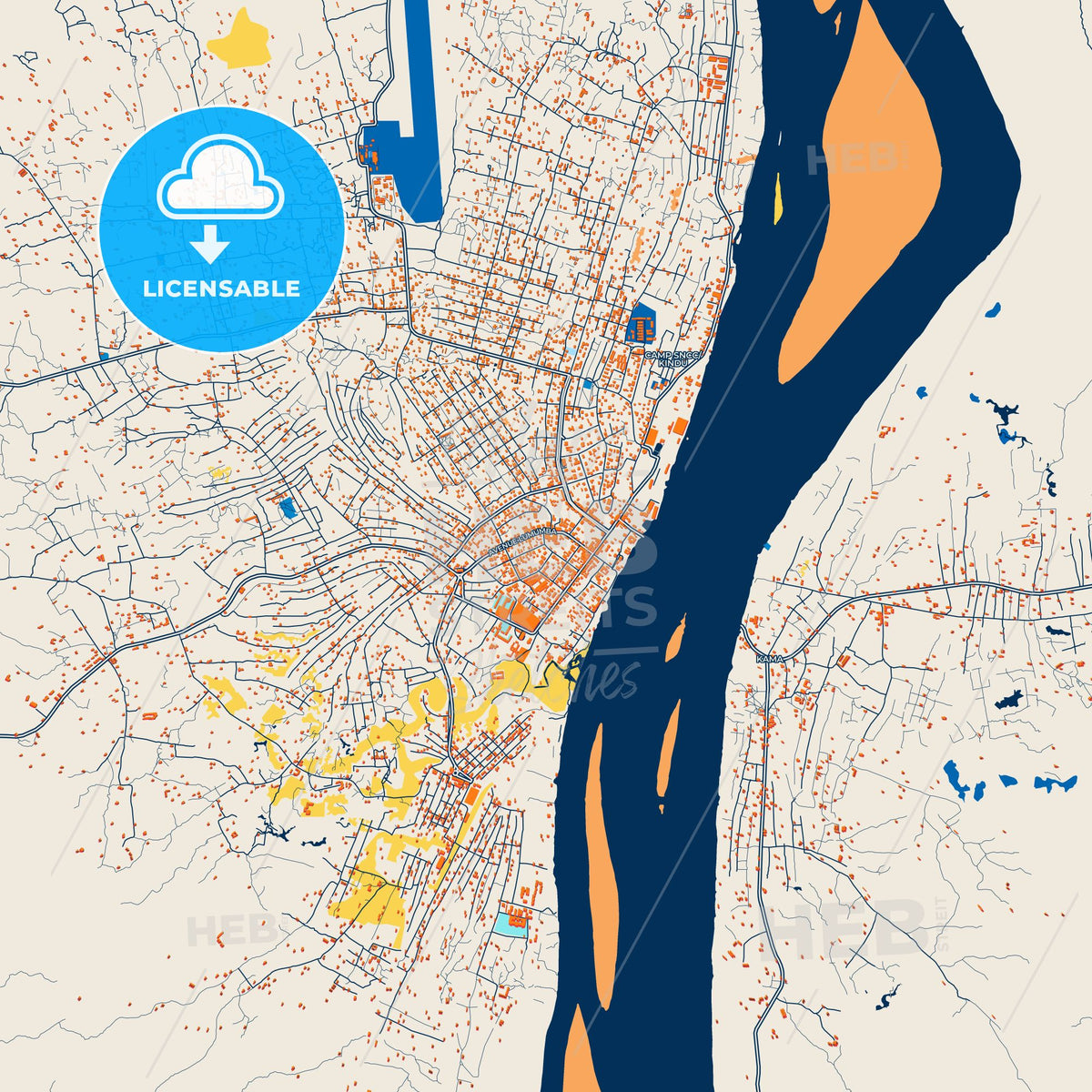 Colorful Kindu Street Map with Labels and Buildings