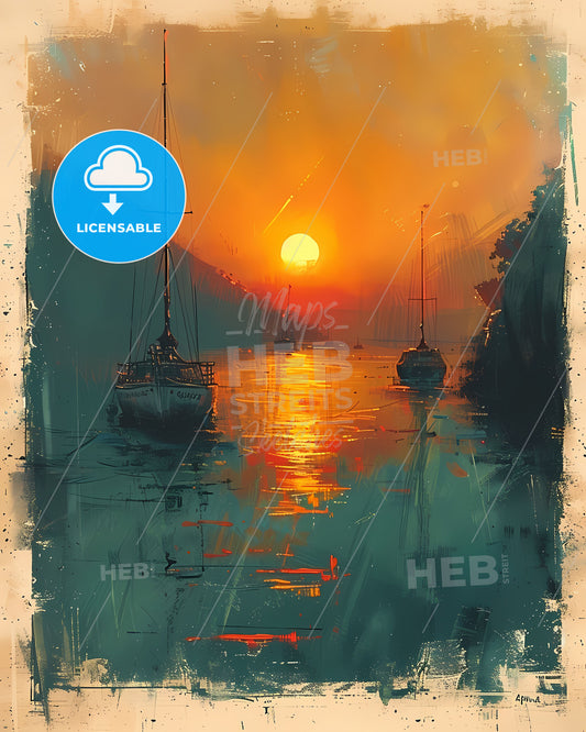 King Harbor Redondo Beach Sunset Panorama Art Poster Background Boats
