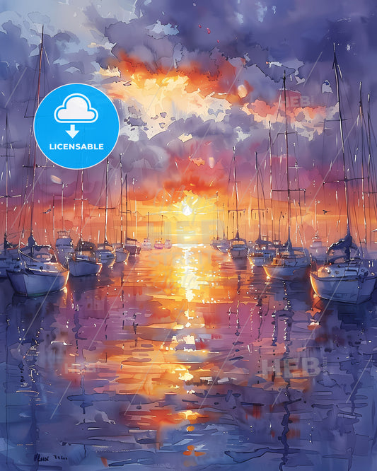 Serene Sunset over King Harbor: A Marina Masterpiece with Boats, Perfect for Poster Background