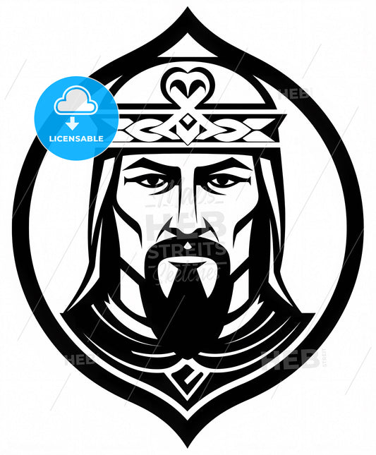 Vibrant Black and White Line Art King Mascot Logo with Beard and Crown