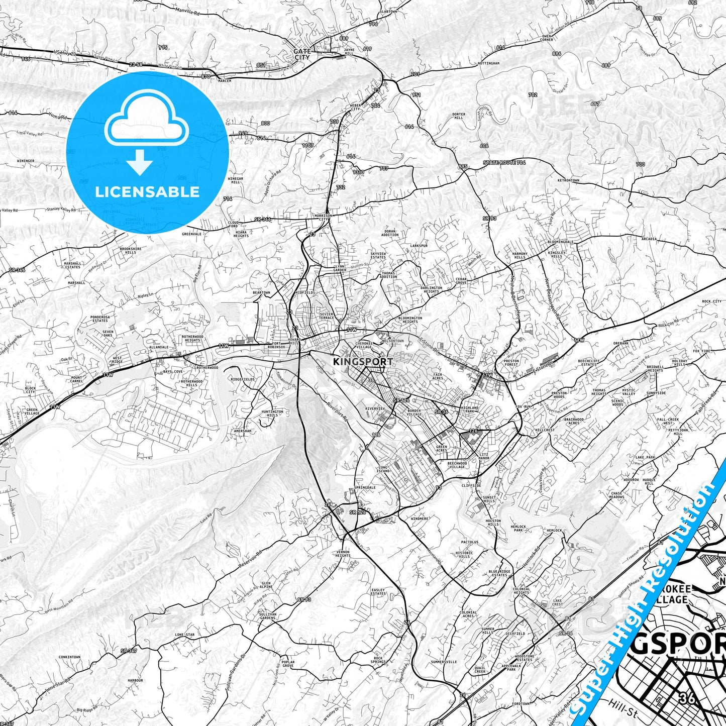 Kingsport, Tennessee light map with streetnames, citynames and districts