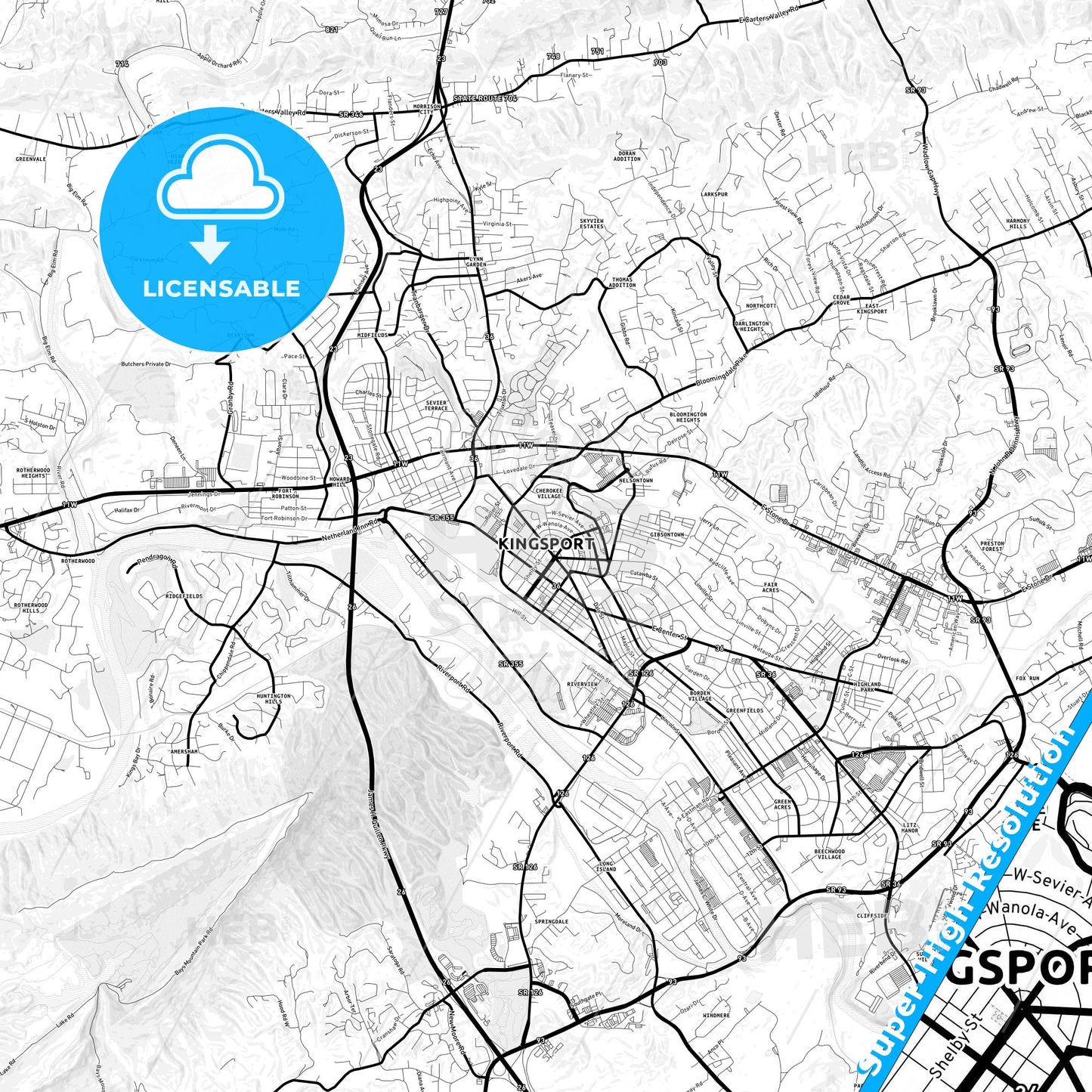 Kingsport, Tennessee Light Map with Street Names, City Names, and Districts