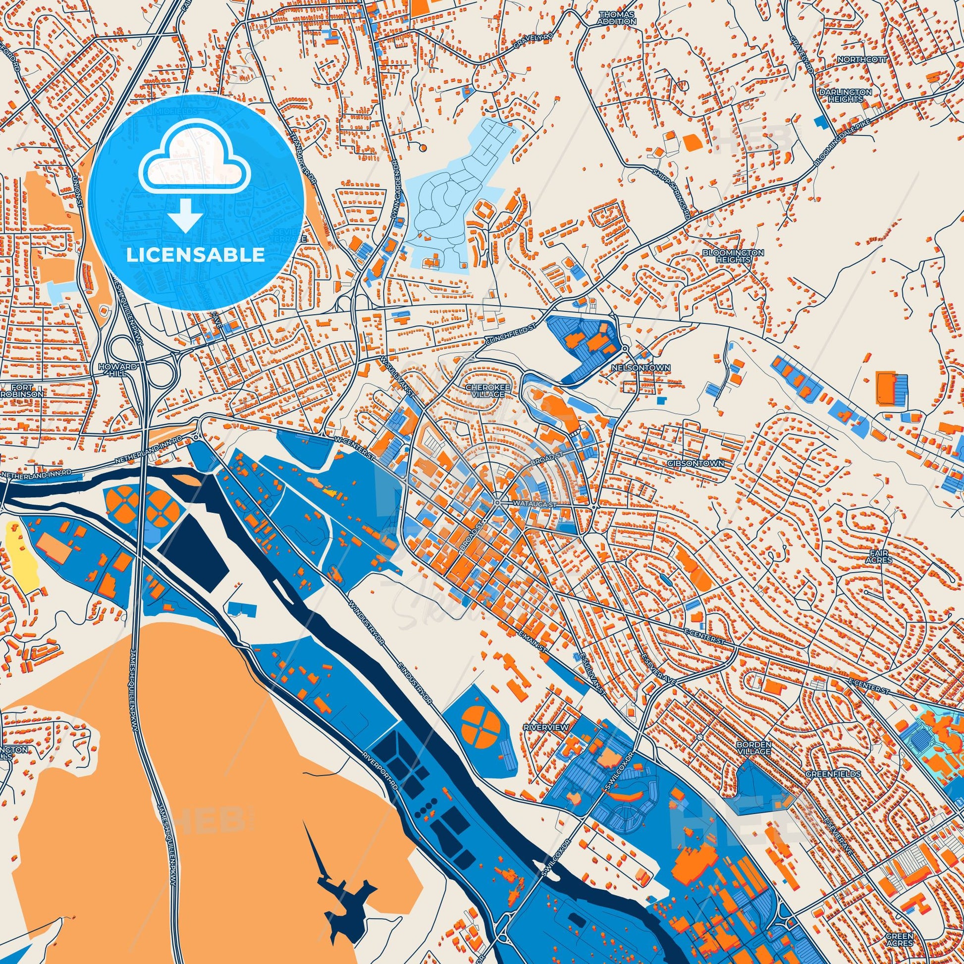 Colorful Kingsport Street Map with Labels and Buildings