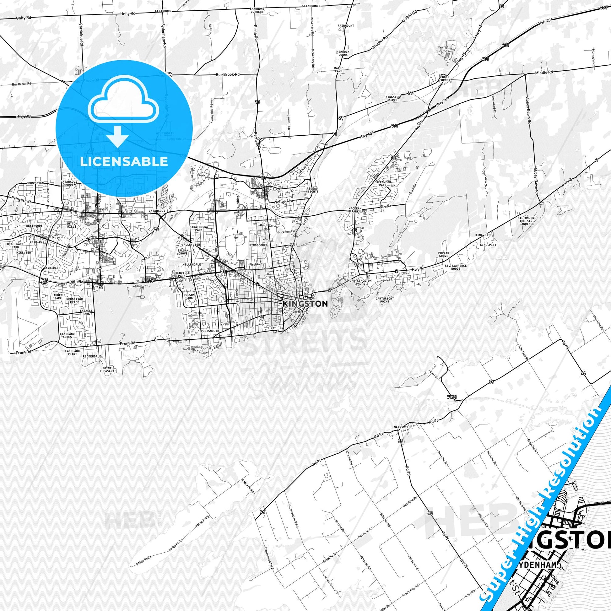 Kingston, Canada light map with streetnames, citynames and districts