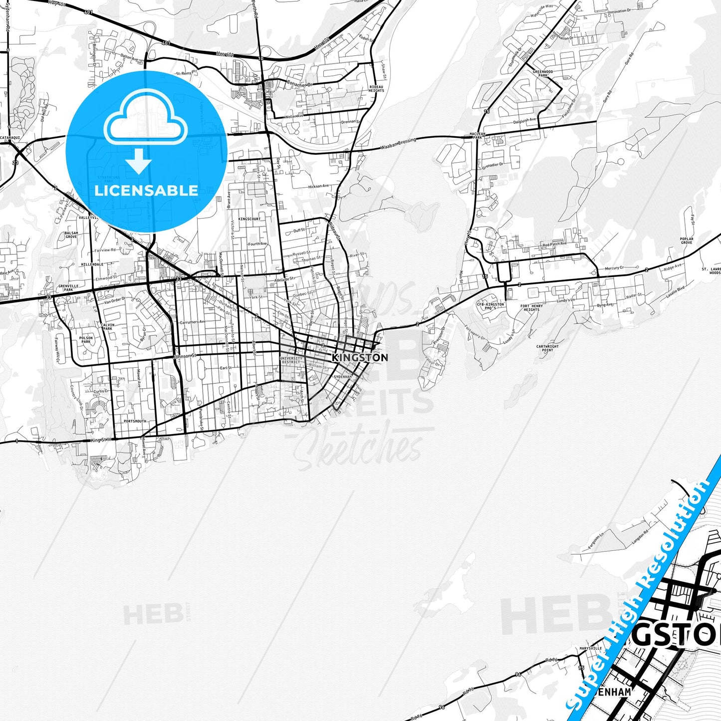Kingston, Canada Light Map with Street Names, City Names, and Districts