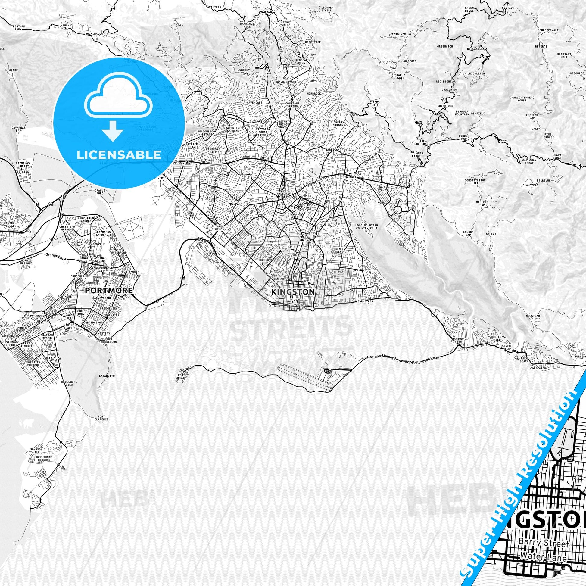 Kingston, Jamaica light map with streetnames, citynames and districts