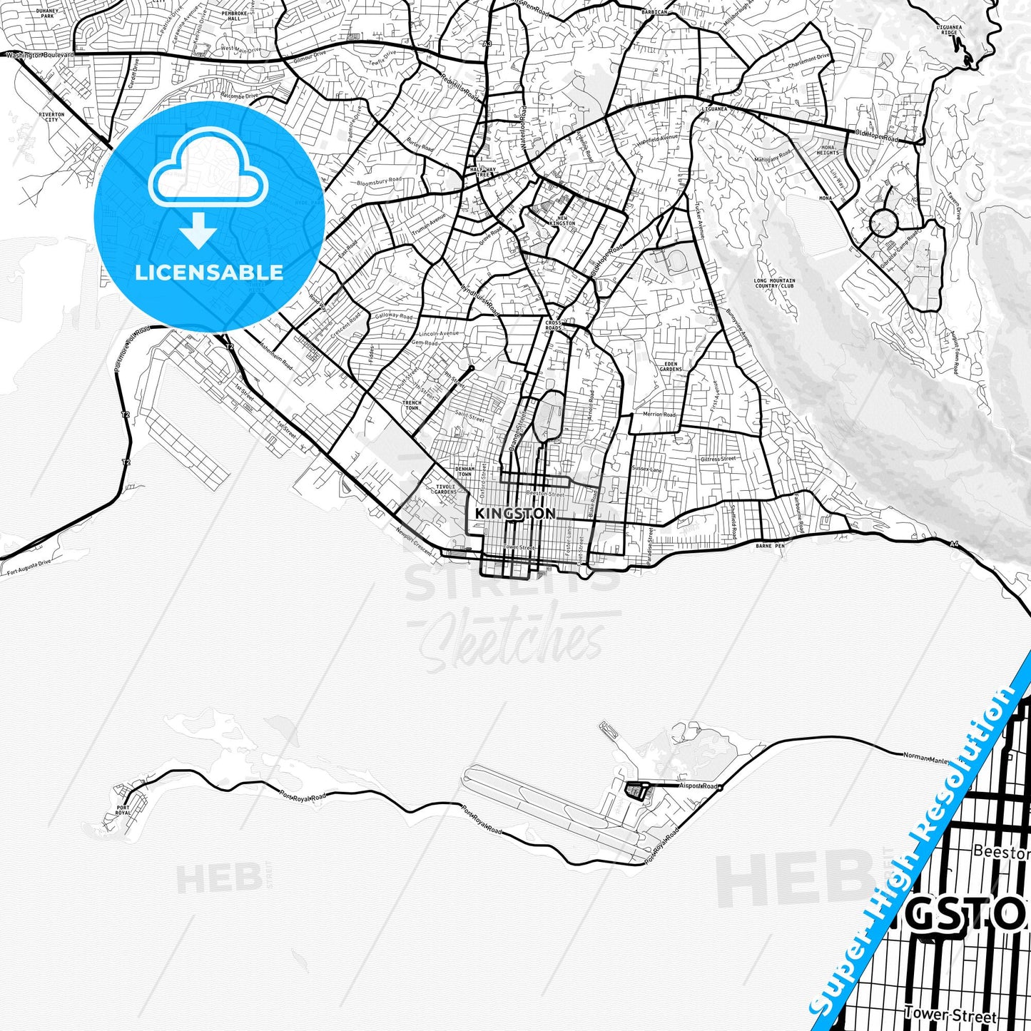 Kingston, Jamaica Light Map with Street Names, City Names, and Districts