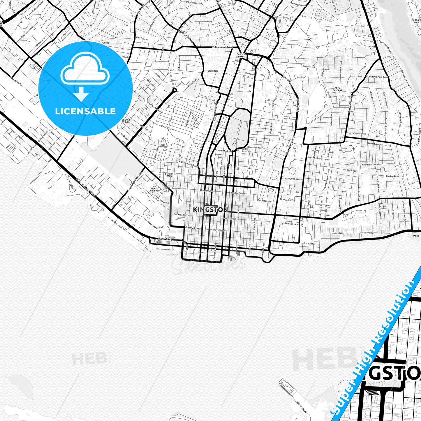 Kingston, Jamaica Light Map with Street Names, City Names, and Districts