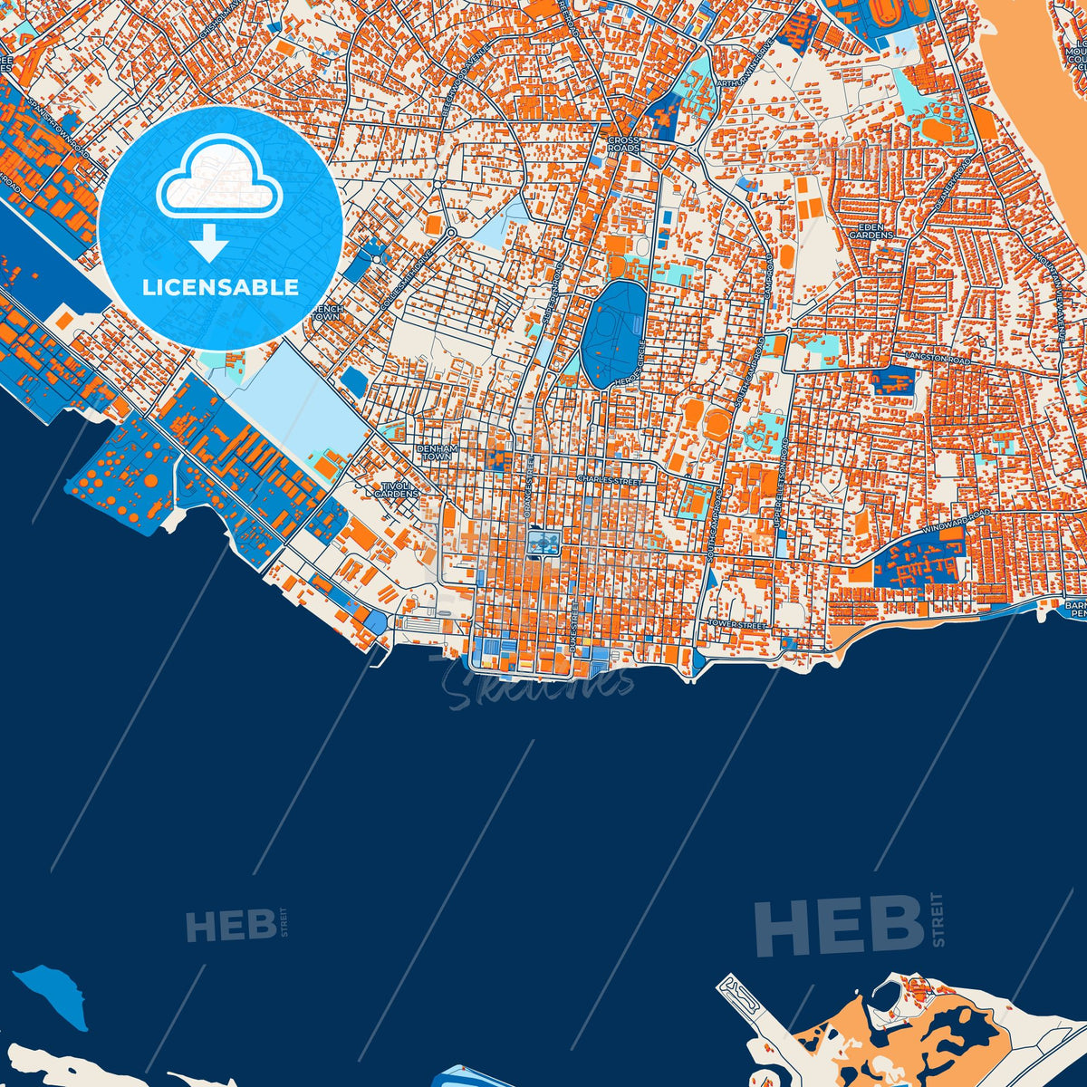 Colorful Kingston Street Map with Labels and Buildings