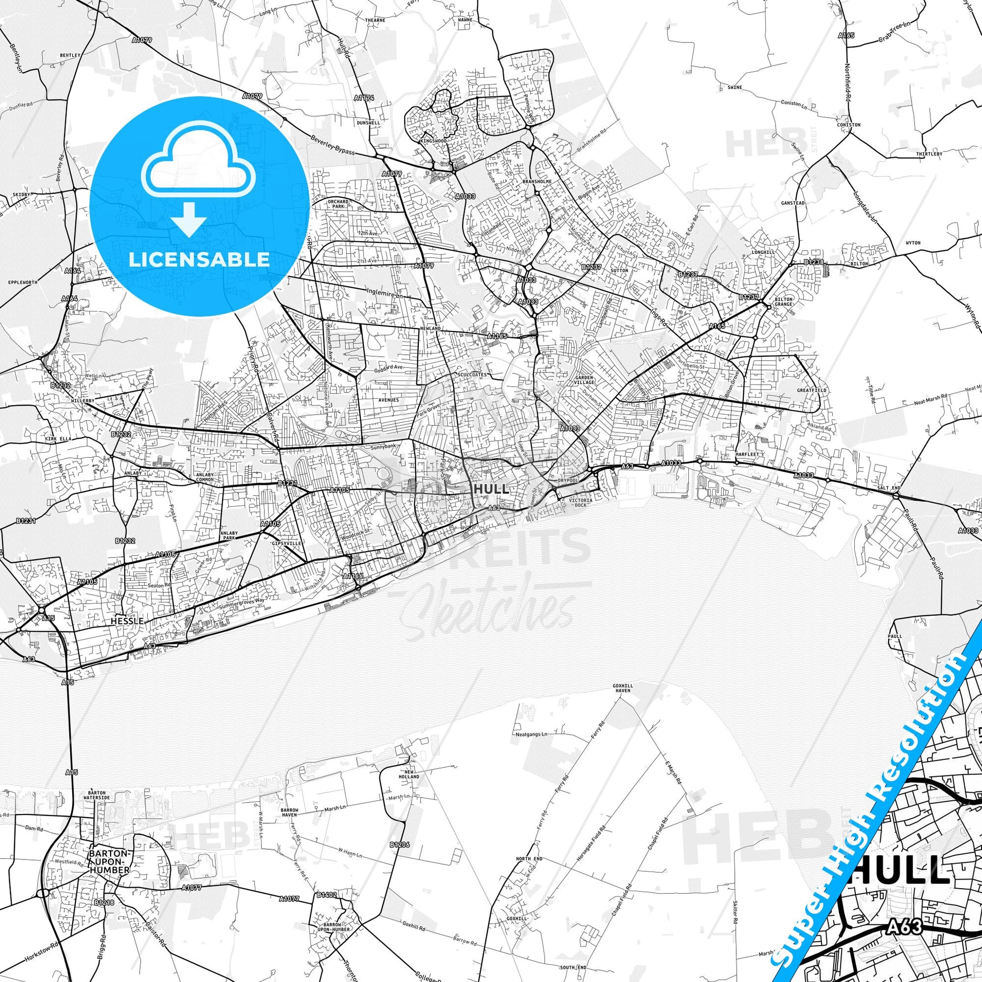 Kingston upon Hull, England light map with streetnames, citynames and districts