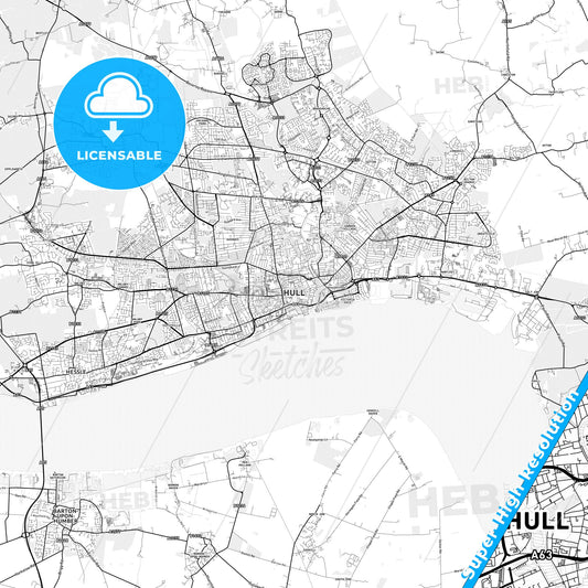 Kingston upon Hull, England light map with streetnames, citynames and districts
